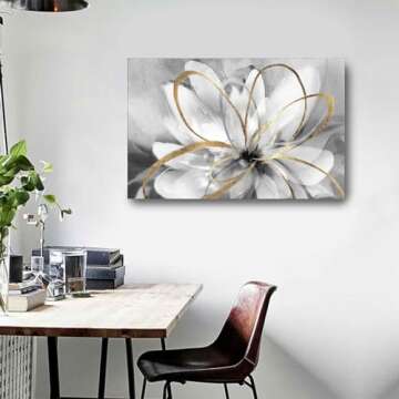 SOUGUAN White Floral Wall Decor Grey Background Modern Painting Wall Art 24"x36" Neutral Artwork Paintings for Bedroom Kitchen Pictures