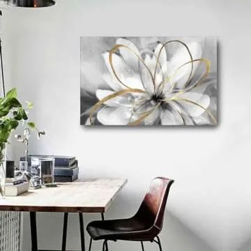 SOUGUAN White Floral Wall Decor Grey Background Modern Painting Wall Art 24"x36" Neutral Artwork Paintings for Bedroom Kitchen Pictures