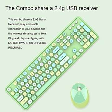 Onlywe Wireless Keyboard and Mouse Combo,2.4G USB Ergonomic Sweet Mixed Color Cute Full Size Keyboard with Numeric Keypad and Optical Mice Set for Computer Desktop PC Laptop(Green)