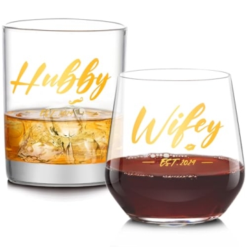 LUXULISH Wedding Gifts for Couples, Hubby & Wifey EST 2024 Wine Glasses Set, Bridal Shower Gifts, Un...