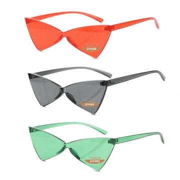 Yoela Triangle Thick Rimless Sunglasses One Piece Colored Transparent Sunglasses For Women and Men 3 Pack,Red+Green+Black