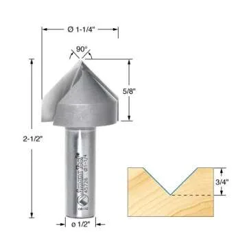 Amana Tool 45726 Carbide Tipped V-Groove Router Bit 1-1/4 Dia 90 Deg 1/2 Shank