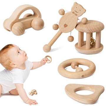 Promise Babe Montessori Rattle Set - 5pc Educational Wooden Baby Toys