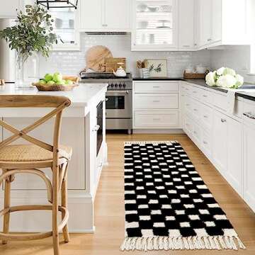 Lanffia Boho Checkered Tufted Rug - 2x6 Runner Rug Black Hallway Runner Washable with Tassels Indoor Farmhouse Floor Carpet for Kitchen Bathroom Laundry Doorway Bedroom Living Room