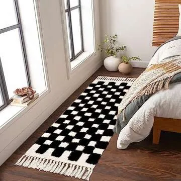 Lanffia Boho Checkered Tufted Rug - 2x6 Runner Rug Black Hallway Runner Washable with Tassels Indoor Farmhouse Floor Carpet for Kitchen Bathroom Laundry Doorway Bedroom Living Room