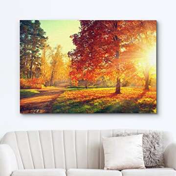 wall26 Canvas Print Wall Art Path Through Red & Orange Autumn Park Nature Wilderness Photography Modern Art Rustic Scenic Colorful Multicolor for Living Room, Bedroom, Office - 16"x24"