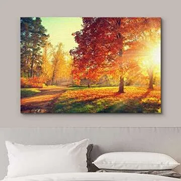 wall26 Canvas Print Wall Art Path Through Red & Orange Autumn Park Nature Wilderness Photography Modern Art Rustic Scenic Colorful Multicolor for Living Room, Bedroom, Office - 16"x24"