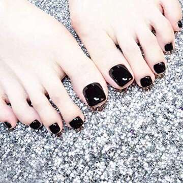 Bouttarro 24PCS Solid Color Square Glossy False Toe Nails,Cute Fashion Press on Toe Nails Short Acrylic Full Cover Artificial False Toes Nails for Women & Girls(Black)