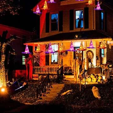 Dazzle Bright 8 Pcs Hanging Witch Hat String Lights, Light Up Waterproof Halloween Decorations with Remote Control for Outdoor Garden Party Carnival Supplies Decor