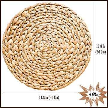 SOKFARM Boho Placemats Set of 4, Round Placemats for Dining Table, Water Hyacinth Wicker Placemats, Straw Placemats, Round Woven Placemats Set of 4, Placemats for Dining Table Set of 4 | 11.8 in