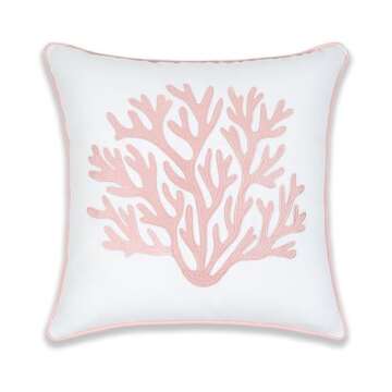 Hofdeco Premium Coastal Patio Indoor Outdoor Throw Pillow Cover Only, 20"x20" Water Repellent for Backyard, Couch, Blush Pink Embroidered Sea Life Coral with Piping