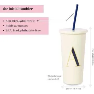 kate spade new york Insulated Initial Tumbler with Reusable Straw, 20 Ounce Acrylic Travel Cup with Lid (A)