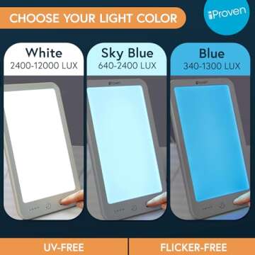 iProvèn iProven Light Therapy Lamp, 15 Light Modes, 10 000 lux to 12 000 lux lamp, 3 Colors, Blue & White Light, Flicker-Free, Timer Function