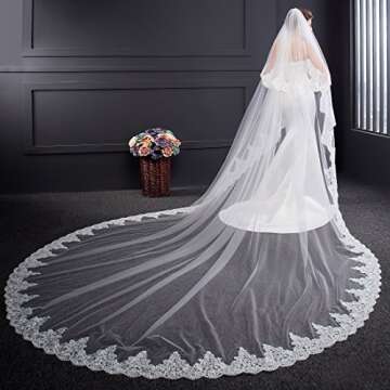 EllieHouse Women's 2 Tier Royal Length Lace White Wedding Bridal Veil With Comb L01WT
