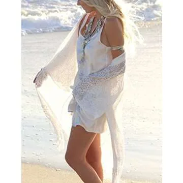 Bsubseach Women's Sexy White 3/4 Sleeve Lace Tassel Fringe Kimono Cardigan Swimsuit Bikini Cover Up Swimwear