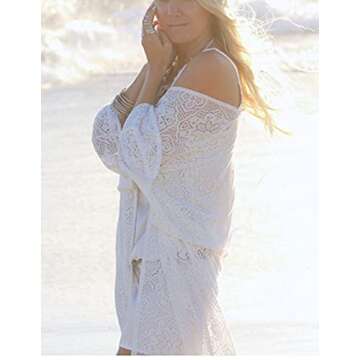 Bsubseach Women's Sexy White 3/4 Sleeve Lace Tassel Fringe Kimono Cardigan Swimsuit Bikini Cover Up Swimwear