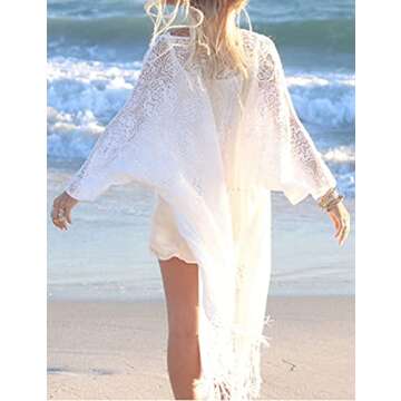Bsubseach Women's Sexy White 3/4 Sleeve Lace Tassel Fringe Kimono Cardigan Swimsuit Bikini Cover Up Swimwear