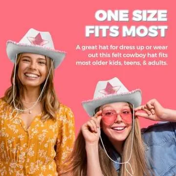 Bedwina White Cowgirl Hat - (pack Of 2) Adult Size Pink Star Cowboy Hats For Women With Sequin Trim Fringe, Adjustable Neck Drawstring For Costume Party, Play Dress-up