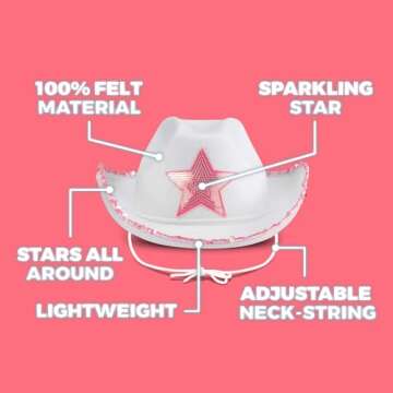 Bedwina White Cowgirl Hat - (pack Of 2) Adult Size Pink Star Cowboy Hats For Women With Sequin Trim Fringe, Adjustable Neck Drawstring For Costume Party, Play Dress-up