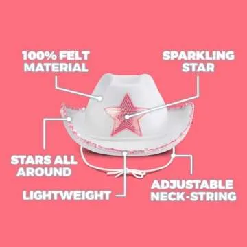 Bedwina White Cowgirl Hat - (pack Of 2) Adult Size Pink Star Cowboy Hats For Women With Sequin Trim Fringe, Adjustable Neck Drawstring For Costume Party, Play Dress-up