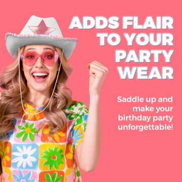 Bedwina White Cowgirl Hat - (pack Of 2) Adult Size Pink Star Cowboy Hats For Women With Sequin Trim Fringe, Adjustable Neck Drawstring For Costume Party, Play Dress-up