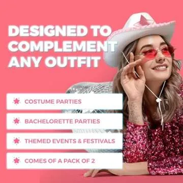 Bedwina White Cowgirl Hat - (pack Of 2) Adult Size Pink Star Cowboy Hats For Women With Sequin Trim Fringe, Adjustable Neck Drawstring For Costume Party, Play Dress-up