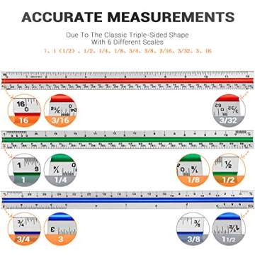 12" Architectural Scale Ruler Aluminum Architect Scale Triangular Scale Ruler for Architects, Draftsman, Students and Engineers, Color-Coded (1 Pack)