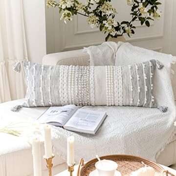 BlissBlush Gray Decorative Lumbar Pillow Cover 14x36, Boho Long Throw Pillow for Bed, Accent Lumbar Throw Pillow Case, Modern Farmhouse Textured Lumbar Cushion (Cover ONLY)