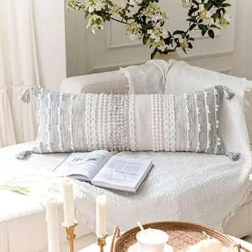 BlissBlush Gray Decorative Lumbar Pillow Cover 14x36, Boho Long Throw Pillow for Bed, Accent Lumbar Throw Pillow Case, Modern Farmhouse Textured Lumbar Cushion (Cover ONLY)