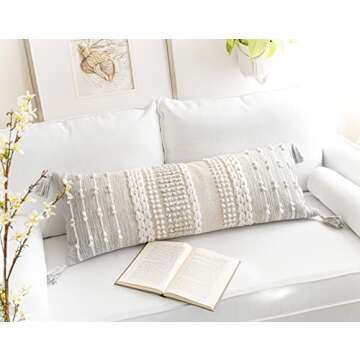 BlissBlush Gray Decorative Lumbar Pillow Cover 14x36, Boho Long Throw Pillow for Bed, Accent Lumbar Throw Pillow Case, Modern Farmhouse Textured Lumbar Cushion (Cover ONLY)