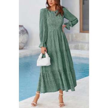 BTFBM Women Casual Long Sleeve Crew Neck Fall Dress Bohemian Relaxed Fit Floral Flowy Maxi Dresses Tiered Cocktail Dress(Floral Dark Green,Small)