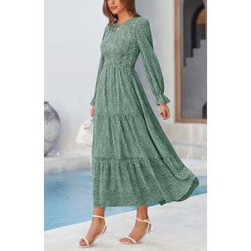 BTFBM Women Casual Long Sleeve Crew Neck Fall Dress Bohemian Relaxed Fit Floral Flowy Maxi Dresses Tiered Cocktail Dress(Floral Dark Green,Small)
