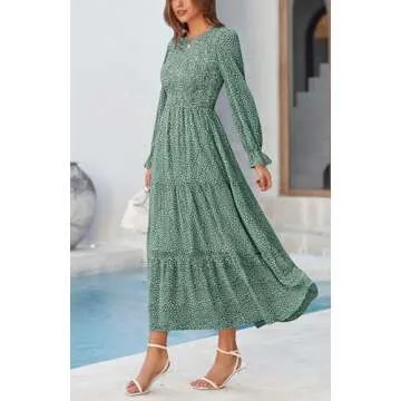 BTFBM Women Casual Long Sleeve Crew Neck Fall Dress Bohemian Relaxed Fit Floral Flowy Maxi Dresses Tiered Cocktail Dress(Floral Dark Green,Small)