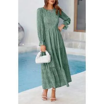 BTFBM Women Casual Long Sleeve Crew Neck Fall Dress Bohemian Relaxed Fit Floral Flowy Maxi Dresses Tiered Cocktail Dress(Floral Dark Green,Small)