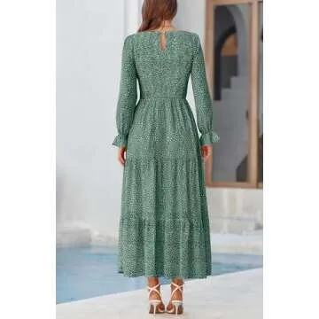 BTFBM Women Casual Long Sleeve Crew Neck Fall Dress Bohemian Relaxed Fit Floral Flowy Maxi Dresses Tiered Cocktail Dress(Floral Dark Green,Small)