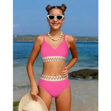 DONWEN Girls Swimsuit Size 13 14 High Waisted Bikini V Neck Two Piece Swimwear for Girls
