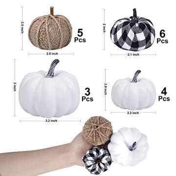 18 Pcs Fall Pumpkin Decor, Foam Artificial Pumpkins Burlap Grid White Pumpkins for Decorating Halloween Autumn Wedding Harvest Party Thanksgiving Fall Home Decorations, Black