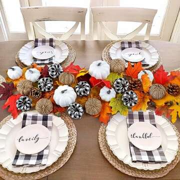 18 Pcs Fall Pumpkin Decor, Foam Artificial Pumpkins Burlap Grid White Pumpkins for Decorating Halloween Autumn Wedding Harvest Party Thanksgiving Fall Home Decorations, Black