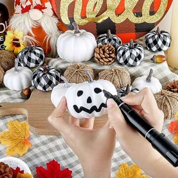 18 Pcs Fall Pumpkin Decor, Foam Artificial Pumpkins Burlap Grid White Pumpkins for Decorating Halloween Autumn Wedding Harvest Party Thanksgiving Fall Home Decorations, Black