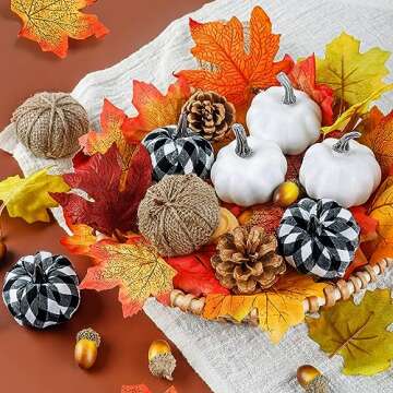 18 Pcs Fall Pumpkin Decor, Foam Artificial Pumpkins Burlap Grid White Pumpkins for Decorating Halloween Autumn Wedding Harvest Party Thanksgiving Fall Home Decorations, Black