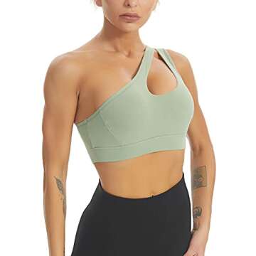 MATHACINO Womens One Shoulder Sports Bra Sexy Workout Sports Bra Medium Support Green