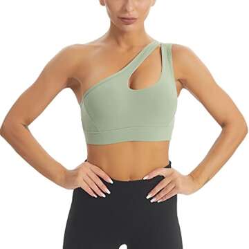 MATHACINO Womens One Shoulder Sports Bra Sexy Workout Sports Bra Medium Support Green