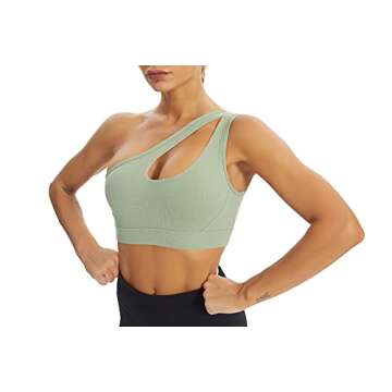MATHACINO Womens One Shoulder Sports Bra Sexy Workout Sports Bra Medium Support Green