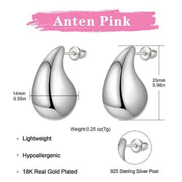 Anten Pink Chunky Gold Hoop Earrings for Women, Lightweight Drop Hoops Earrings with 18K Real Gold Plated, Hypoallergenic Trendy Jewelry for Women