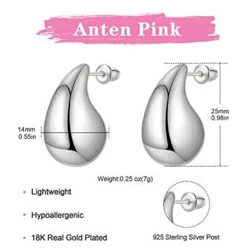 Anten Pink Chunky Gold Hoop Earrings for Women, Lightweight Drop Hoops Earrings with 18K Real Gold Plated, Hypoallergenic Trendy Jewelry for Women