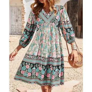 BTFBM Women Casual Spring Summer Dresses V Neck 3/4 Long Sleeve Ruffle Floral Flowy Boho Babydoll Mini Short Beach Dress