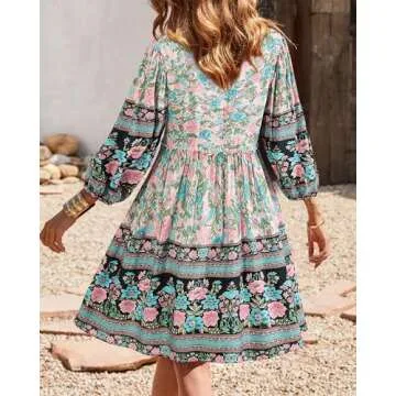 BTFBM Women Casual Spring Summer Dresses V Neck 3/4 Long Sleeve Ruffle Floral Flowy Boho Babydoll Mini Short Beach Dress