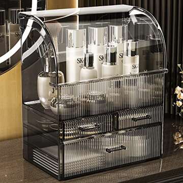 MOOCHI Translucent Black Stripes Pattern Professional Large Cosmetic Makeup Organizer Dust Water Pro...