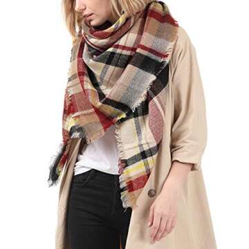 Zando Plaid Blanket Scarf Chunky Blanket Fall Stylish Scarves Women Soft Oversized Scarf Shawl Wrap Warm Cape Tassel Pink Light Red Scarfs