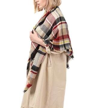 Zando Plaid Blanket Scarf Chunky Blanket Fall Stylish Scarves Women Soft Oversized Scarf Shawl Wrap Warm Cape Tassel Pink Light Red Scarfs